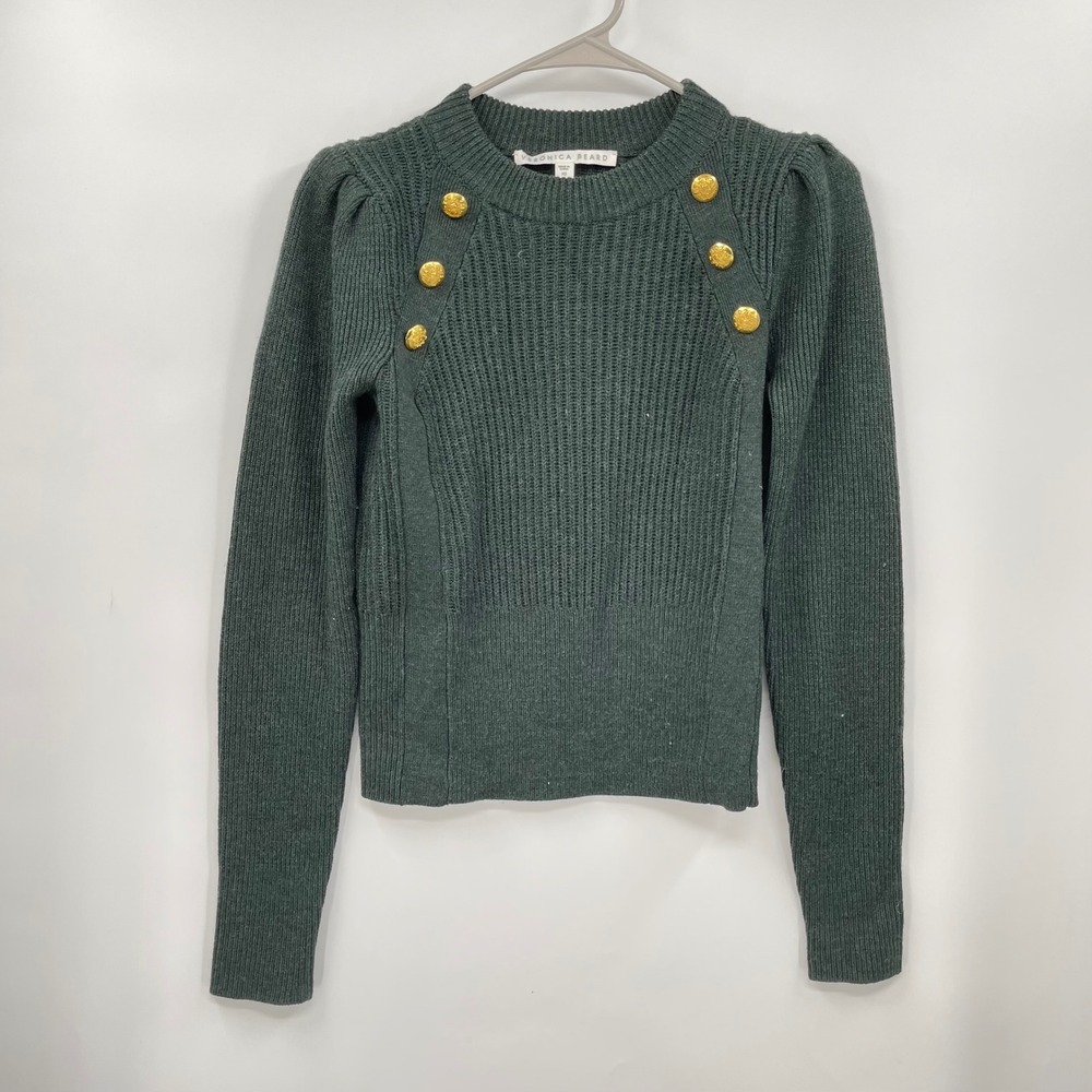 Veronica‎ Beard Dark Green Ribbed Knit Sweater Gold Button Puff Sleeve XS